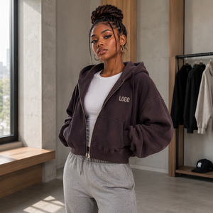 Sweat à capuche court zippé pour femme, personnalisable avec logo, en molleton, style streetwear, vente en gros, OEM - Product Image 5