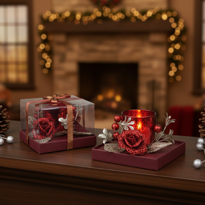 Portacandele in vetro rosso con decorazioni di rose e bacche, diametro 65 mm, altezza 75 mm - Product Image 3