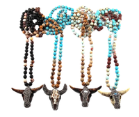 À la mode Style bohème 8mm empereur pierre perlée Long collier noué strass tête de taureau pendentif accessoires pour Western