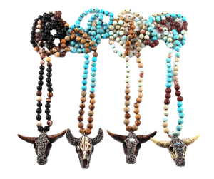 Moda estilo bohemio 8mm emperador piedra con cuentas largo anudado collar Rhinestone Bull Head colgante accesorios para occidental - Product Image 2