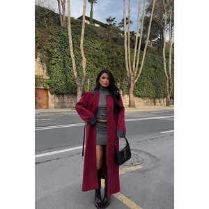 Gabardina Larga para Mujer, Color Borgoña, Cuello Camisero, Doble Botonadura, Relleno de Algodón, Impermeable, Estampado Informal, Corta, para Otoño/Invierno - Product Image 2