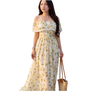 Robe longue d'été personnalisée en mousseline florale pour femme, sans bretelles, avec volants, coupe trapèze, élégante, style bohème, pour les vacances - Product Image 1