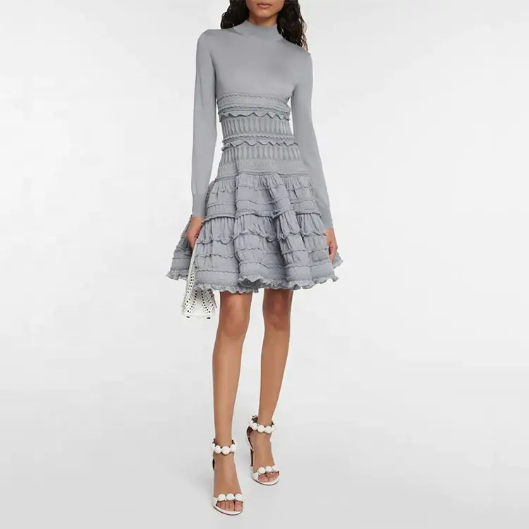 Factory Custom gray half high collar long sleeve ruffle lace layered stripe high end luxury elegant wool ladies office dresses