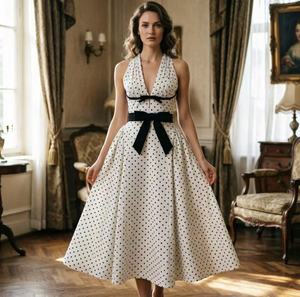 Abiti Estivi da <span class=keywords><strong>Donna</strong></span> in Raso a Pois Stile <span class=keywords><strong>Retrò</strong></span>, Lavabili, in Tessuto Non Tessuto, Lunghi fino al Pavimento, Vestibilità Slim, <span class=keywords><strong>Abbigliamento</strong></span> Boutique - Vendita Calda - Product Image 4