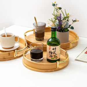 Round Bamboo <b>Tea</b> <b>Tray</b> With Handle For Home Kitchen Serving Food Fruit Pastries High End Teacups Restaurant Use - Product Image 1