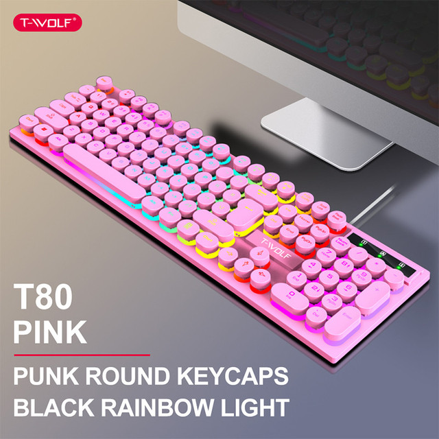 T-WOLF T80 Teclado White Pink Keyboard 104 Keys Computer Gaming Usb Wired Keyboard Light Led Gamer Rainbow Keyboard for Pc