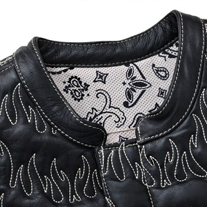 Veste de motard en cuir véritable pour homme, broderie flamme, noir beige, poches latérales, dentelle OEM - Product Image 4