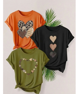 Camisetas de Mujer de Alta Calidad, 100% Algodón, Cuello Redondo Informal, Manga Corta, Estampado de Corazón, Transpirables, Antiarrugas, de Secado Rápido - Product Image 1