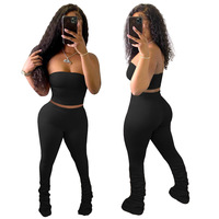 Ensemble 2 pièces sexy printemps 2026 pour femme : haut court tube uni à épaules dénudées et pantalon de jogging superposé
