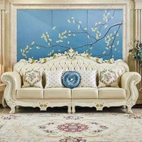 Europäischer Stil, französisch inspiriert, komfortables, handgefertigtes, langlebiges Sofa-Set aus massivem Eichenholz mit geschnitztem Echtleder in Off-White, 1+2+3-Sitzer