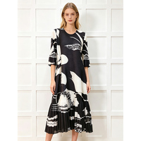 Robe longue plissée taille unique pour femme, col rond, ornée de perles, manches trois-quarts évasées, imprimée