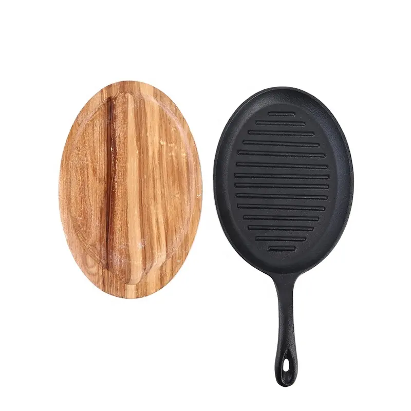 mcooker 2023 hot serving platter oval pre-seasoned cast Iron fajita sizzling dish plate pan with wooden base