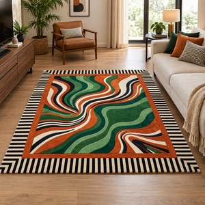 Abstract Square Area <b>Rug</b> with Green Orange Waves Tufted Wool Acrylic Non-Slip Latex Backing for Living Room - Product Image 3
