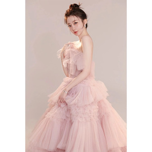 Pink Strapless Tulle Ball Gown Natural Waistline Wedding Dress For Studio Photography - Product Image 2