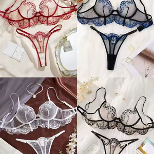 Set di Lingerie Sexy in Pizzo Ricamato per <span class=keywords><strong>Donne</strong></span>, Reggiseno e Mutandine con Diamanti, Reggicalze, 4 Pezzi, Intimo Trasparente Sensuale - Product Image 2