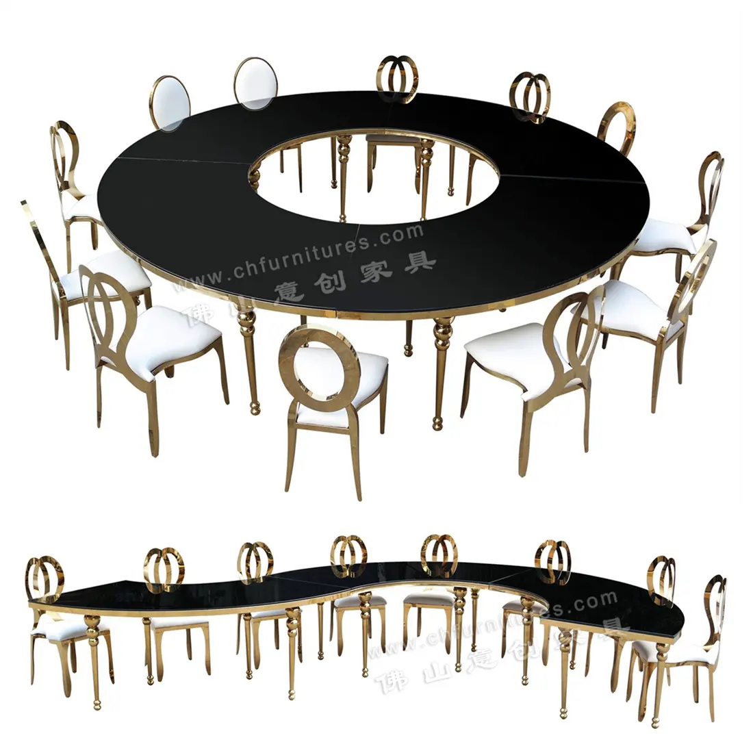 Half Moon Style Glass Dining Table Gold Stainless Steel Wedding Banquet Tables Circle