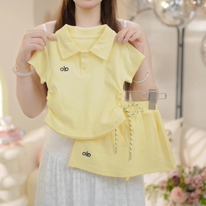 Girls' Yellow Polo Top Shorts Set Cotton Oxford Solid Color Summer Casual Two Piece Outfit - Product Image 1