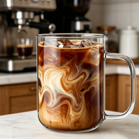 Vente en gros de tasses en verre borosilicate transparent à paroi simple de 16 oz avec poignée pour café, lait, café au lait, design minimaliste