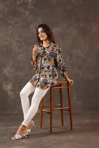 Camisa de Diseño Moderna para Mujer, con Estampado Floral, Estilo Túnica, Botones al Frente, Elegante, Casual, Manga Larga - Product Image 6