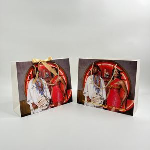 Custom Full Color Printed Paper Shopping Bags - Photo Printed <b>Wedding</b> Gift Bags with Gold Ribbon Bow & Rope Handles - Product Image 1