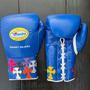 ถุงมือชกมวย GYMSTERO สีน้ำเงินแบบผูกเชือก ปรับสายรัดข้อมือได้ ระบายอากาศได้ดี ทำจากหนังวัวแท้ หนา คุณภาพสูง - Product Image 1