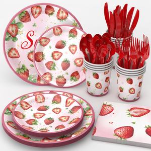 Ensemble de fournitures de fête d'anniversaire à thème fraise rose, service personnalisé pour assiettes, gobelets et <span class=keywords><strong>vaisselle</strong></span> jetables - Product Image 5