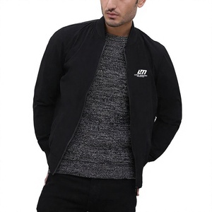 Blouson Bomber Noir Homme Couleur Unie Fermeture Éclair Col Montant Respirant Hiver Coupe-Vent Décontracté Polyester - Product Image 1