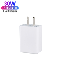 Chargeur mural GaN 30W 2 USB & Type C Bloc de charge rapide 2 ports Adaptateur de prise USB C PD + QC Prise US/EU pour téléphone portable