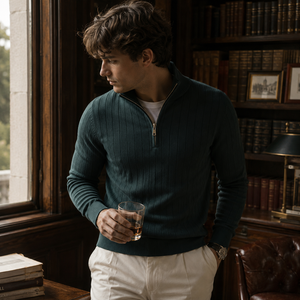 Suéter Personalizado Estilo Old Money para Hombre, Cuello Redondo con Cierre de Cremallera, Corte Ajustado, Tejido de Lujo, para Otoño e Invierno - Product Image 1