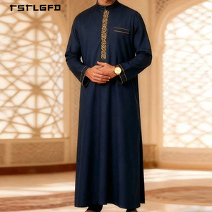<b>Men</b> Navy Blue <b>Thobe</b> Gold Thread Chain Embroidery Stand Collar Long Sleeve Loose Full-Length Saudi Islamic Modest Formal Robe - Product Image 1