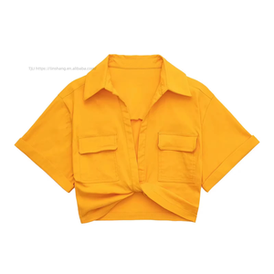 เสื้อเชิ้ตผู้หญิงแฟชั่น แขนสั้น คอปก สีพื้น ผ้าลินินยืดทรงเข้ารูป - Product Image 5