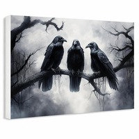3 Burung Gagak Hitam di Dinding Ranting Pohon Seni Lukis Kanvas Gotik Berkabut Galeri Pohon Kabut Gelap Lukisan Terbungkus Dekorasi Rumah Halloween yang Menyeramkan