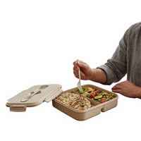 Boîte à lunch bento en paille de blé, plastique PP, 4 compartiments, anti-fuite, portable, pour l'école et le bureau