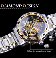 Montre-bracelet mécanique squelette pour homme Royal Design, haut de gamme OEM, luxe, transparente, mode, diamant, mouvement à engrenages lumineux