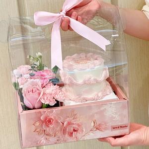 กล่องใส่เค้กดอกไม้โปร่งใสพิมพ์ลายแบบกำหนดเองบรรจุภัณฑ์กระดาษสีขาวรีไซเคิลได้กล่องดอกไม้<span class=keywords><strong>2</strong></span>ช่องพร้อมเชือกยก - Product Image 1