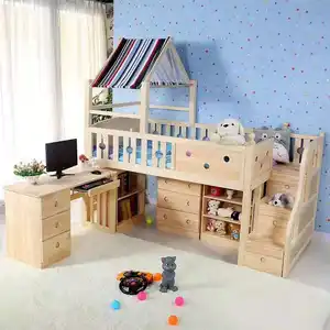 Cama semialta para niños y niñas, armario de madera maciza, escalera, con tienda