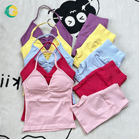 Dikişsiz Halter V Yaka 2 Parçalı Set Büzgülü Sırtı Açık Crop Top Şort Süper Ağır Spandeks Naylon Kadın Spor Salonu Fitness Spor Giysisi