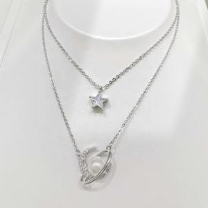 Precio de fábrica, collar de plata de ley 925 con doble cadena única, collar de capas con corazón, planeta y circonita para mejores amigas. - Product Image 2