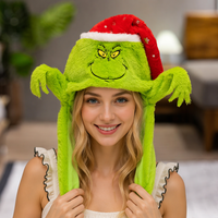 Chapeau en peluche Grinch de Noël avec oreilles mobiles à air comprimé, 100 % coton tricoté en polaire, unisexe, décontracté, pour l'hiver
