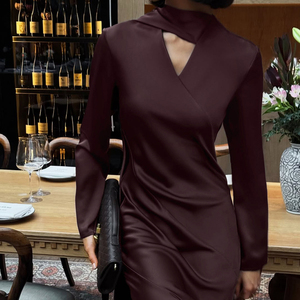 2025 con zip autunnale in raso sottile elegante donna Maxi abito lungo da sera <span class=keywords><strong>bordeaux</strong></span> con <span class=keywords><strong>maniche</strong></span> - Product Image 2