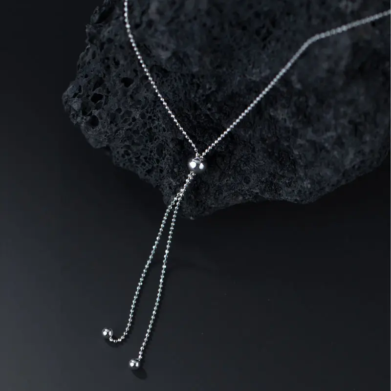 925 Sterling Silver Longo Simples Glossy Beads Camisola Ajustável Cadeia Colar para As Mulheres Jóias