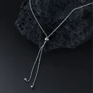 925 Sterling Silver Long Simple Glossy Beads Adjustable Sweater Chain Necklace for Women Jewelry