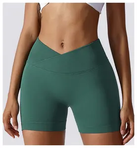 Shorts de motociclista femininos de nylon personalizados, shorts de treino em forma de V de cintura alta, sem costura, fitness esportivo, yoga, costela e rugas