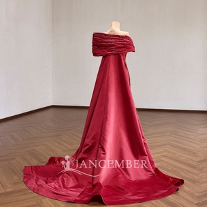 Rsm261075 Magnifique robe de soirée bordeaux en satin à épaules dénudées avec perles de cristal diagonales, coupe trapèze, robe de soirée formelle Jancember - Product Image 2