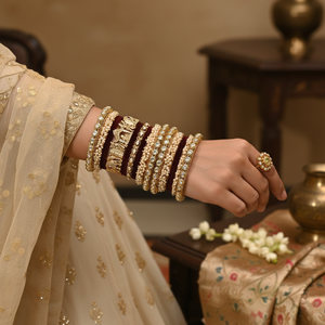 Gold Plated Meenakari Velvet <b>Bangles</b> <b>Set</b> with Pota Stone and Pearl Elegant Pearl Bracelets - Product Image 3