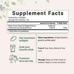 OEM Etiqueta Privada Vitamina D3 Aceite de Semilla Negra 240 Cápsula de Gel Blando Prensado en Frío Logo Suplemento Antioxidante Soporte de Salud Pulmonar - Product Image 2