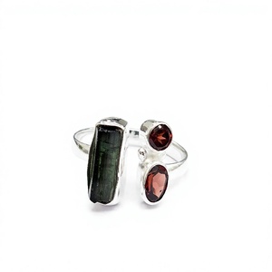 Handmade Garnet Ring Sterling Silver Minimalist Design Elegant Green Tourmaline Unique <b>Raw</b> Crystal Jewelry - Product Image 2