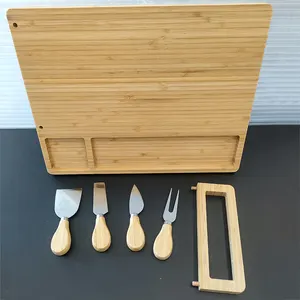 Bamboo Cheese Board Set Including 4 Stainless Steel Knife And Serving Board