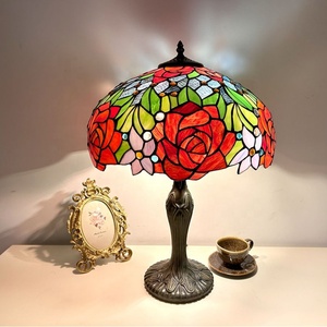 Longhuijing Tiffany Style Table Lamp 16 Inch High Stained Glass Rose Red Lampshade 2E27 Antique Reading <b>Lighting</b> Resin Base - Product Image 3