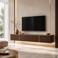 Console TV flottante moderne de luxe en gros avec éclairage LED d'ambiance, accents bois foncé et métal pour salon et hôtel